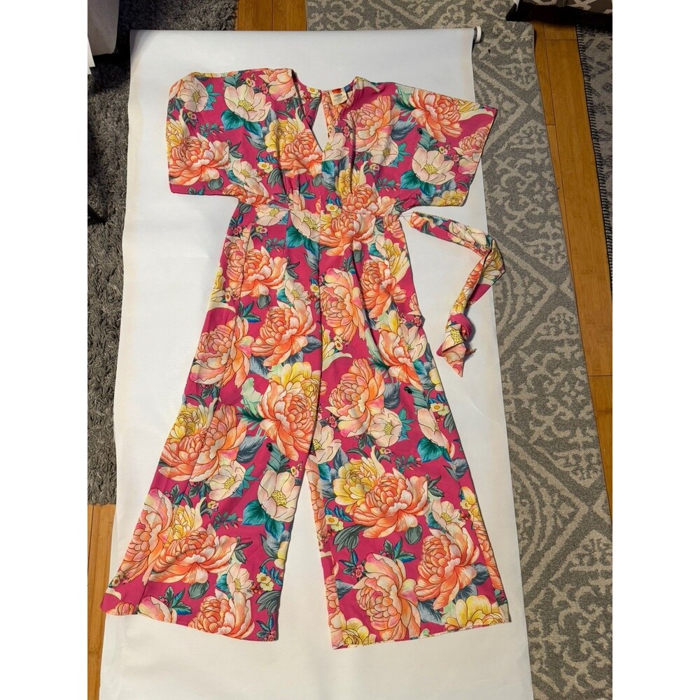 Farm Rio Anthropologie Eulalie pink floral Wide-Leg Jumpsuit size M